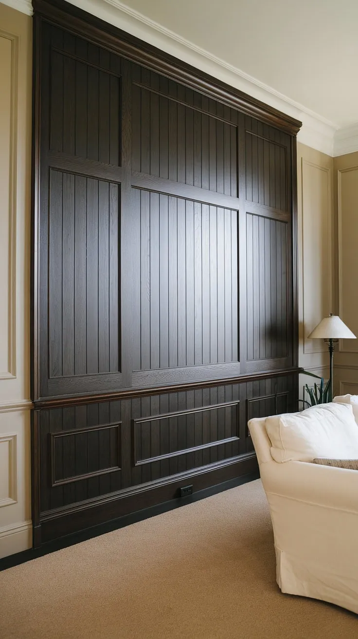 The interplay of light and shadow on this dark paneling living room is mesmerizing.  The feature wall paneling living room, extending from floor to ceiling, commands attention, while the detailed wainscoting and beige carpet create a warm and inviting atmosphere.  This is a masterclass in wall paneling living room design, showcasing the impact of thoughtful paneling ideas living room and exquisite millwork living room details.