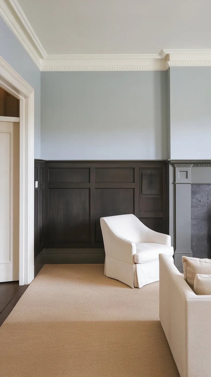 The dark paneling living room is transformed into a haven of style with this stunning wainscoting.  This panel accent wall living room uses the dark paneling to create a dramatic focal point, while the light blue upper wall and white trim add a touch of airy elegance.  The living room wainscoting is a perfect example of how to incorporate wall paneling living room into a modern design, showcasing creative paneling ideas living room and beautiful millwork living room details.