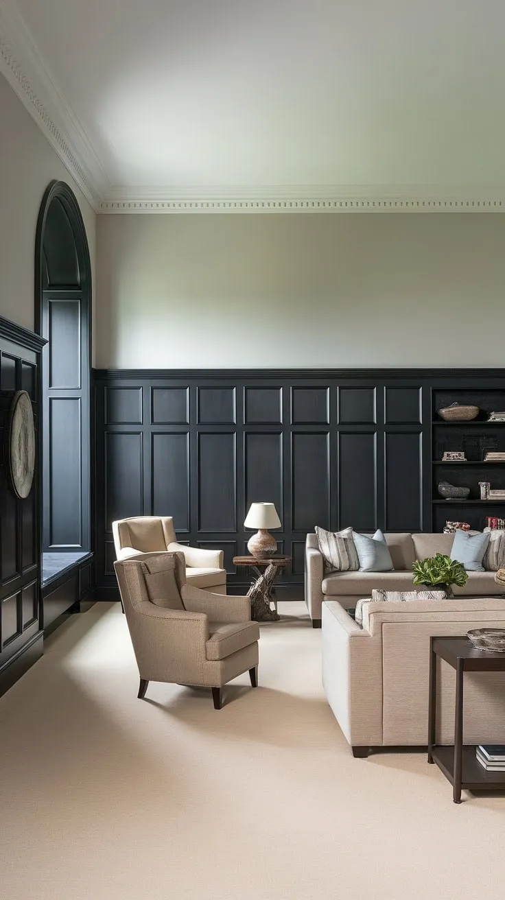 This living room's sophisticated design showcases the dramatic impact of dark paneling, extending from floor to mid-wall, creating a stunning feature wall paneling living room. The lighter grey above adds balance, while the beige sofa and millwork living room details complete the elegant aesthetic. This is a prime example of paneling ideas living room, showcasing wainscoting wall decor and a perfect blend of dark paneling living room and light, airy space.