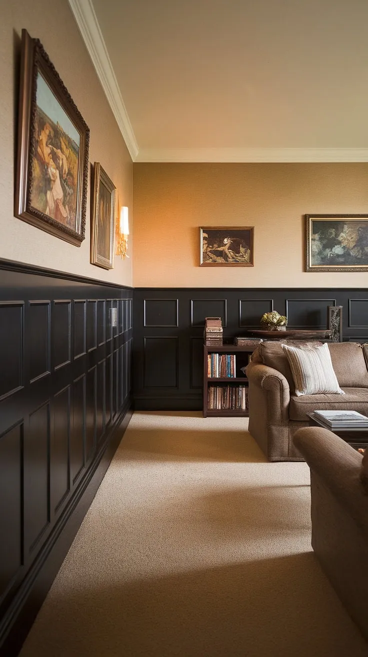 Warmth and sophistication meet in this living room, where dark paneling creates a striking contrast against the beige walls.  The rich, dark paneling, extending halfway up the wall, showcases stunning millwork and offers a fresh take on paneling ideas for the living room. This feature wall paneling living room design elevates the space, transforming it into a haven of style and comfort.  The wainscoting wall decor adds a touch of classic elegance, making this living room wainscoting a true showstopper.