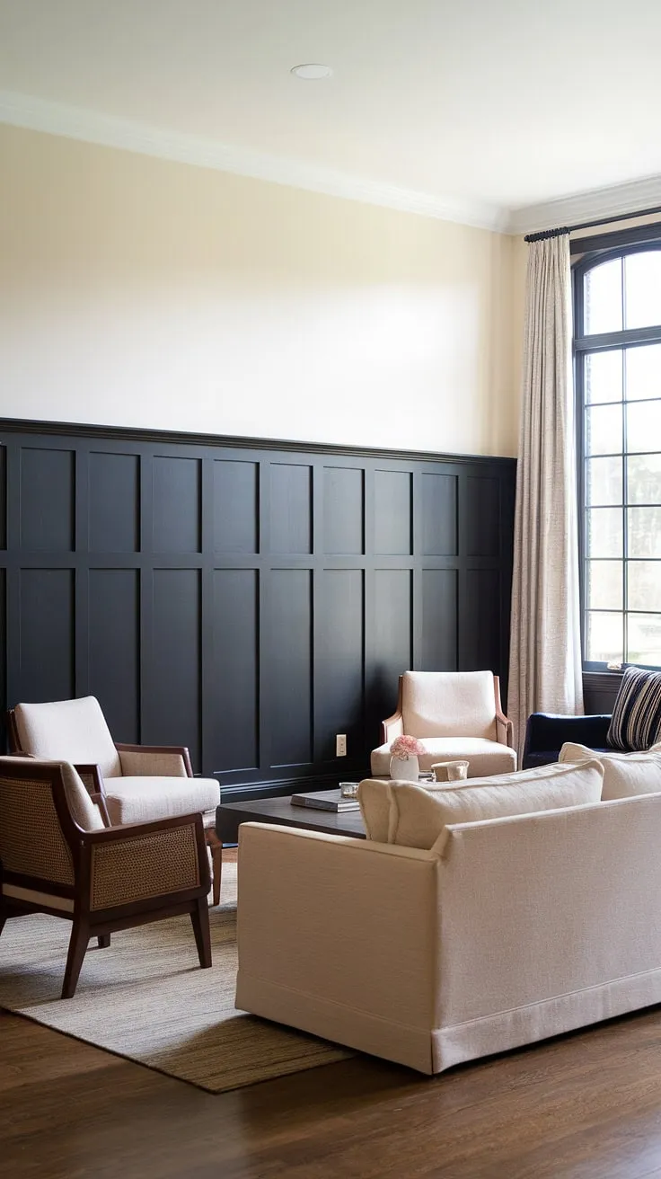 This living room's sophisticated style is defined by the rich dark paneling, extending from floor to halfway up the wall, a stunning example of wall paneling living room design. The contrast with the crisp white upper walls and beige furniture creates a warm and inviting atmosphere, showcasing the beauty of wainscoting wall decor and offering inspiration for paneling ideas living room.  The millwork living room details add a touch of classic elegance, making this a perfect example of a feature wall paneling living room and panel accent wall living room.