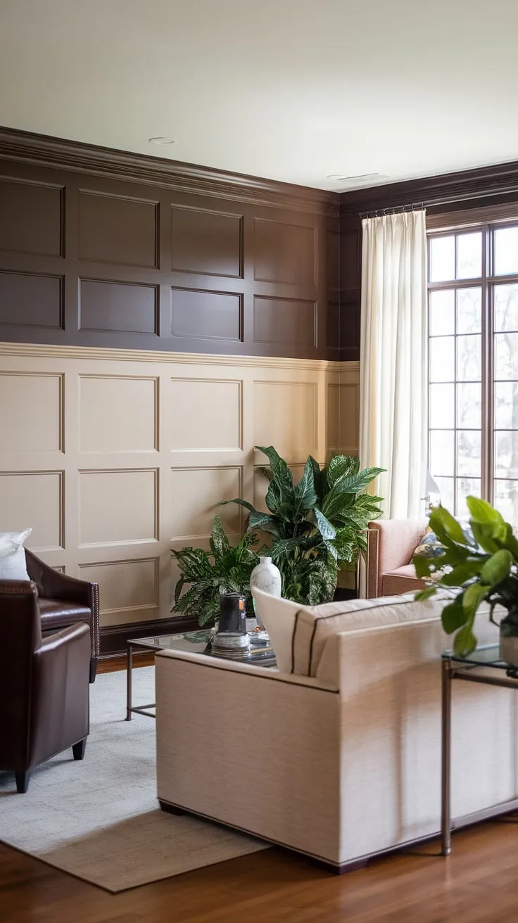 This living room's sophisticated design showcases the beauty of wainscoting wall decor, seamlessly blending beige wainscoting with a striking dark paneling living room feature wall. The paneling ideas living room are elevated by the rich millwork living room details, creating a warm and inviting atmosphere.  The dark paneling living room adds depth and character, while the beige sofa and lush plants soften the overall look.