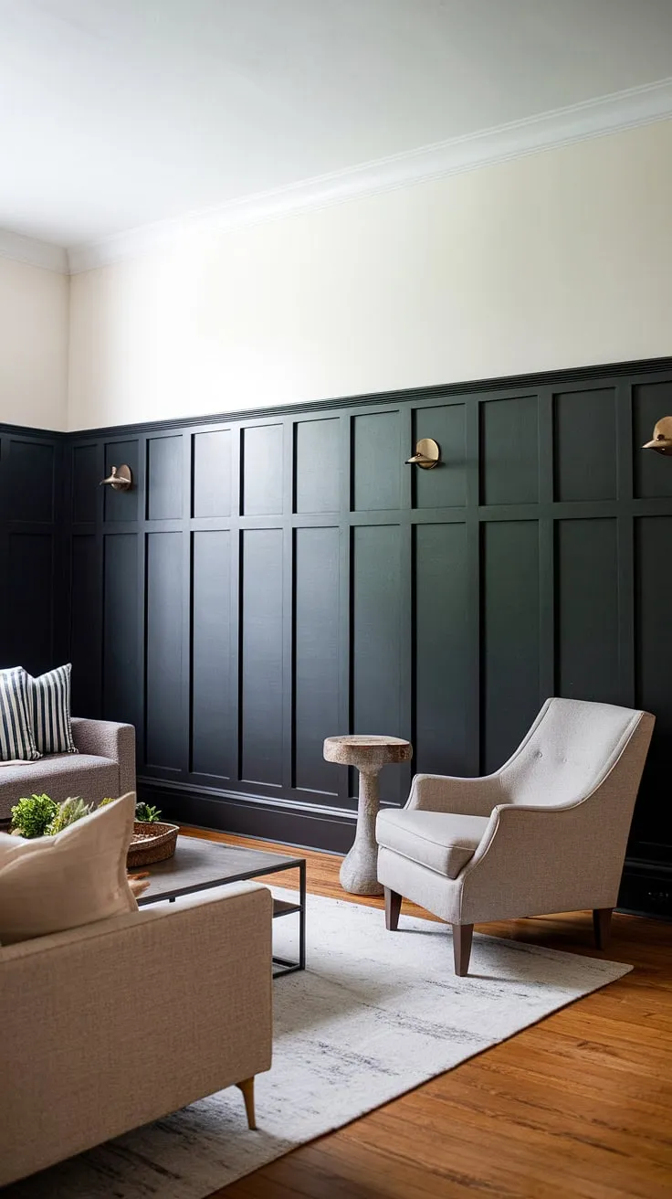 Dark paneling living room? Yes, please! This wall paneling living room design is a masterclass in creating visual interest.  The rich, dark wainscoting living room extends to the ceiling, forming a striking panel accent wall living room.  The careful integration of the dark paneling with the lighter upper walls and hardwood floors demonstrates the versatility of paneling ideas living room and the power of millwork living room elements to elevate any space.