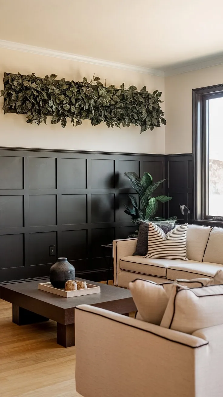 Warmth and sophistication meet in this living room, where rich dark paneling—a stunning example of wainscoting wall decor and paneling ideas living room—creates a captivating feature wall paneling living room. The millwork living room detail extends to window height, beautifully complementing the light hardwood floors and the calming green plant above. This dark paneling living room design showcases the elegance of wall paneling living room and panel accent wall living room.