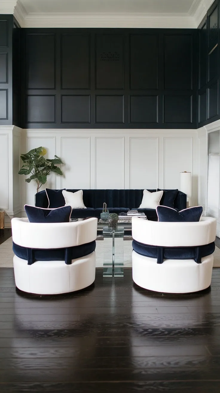 Sophisticated and serene, this living room showcases the dramatic impact of dark paneling living room, contrasted beautifully with crisp white wainscoting. The rich millwork living room and feature wall paneling living room create a focal point, while the paneling ideas living room offer a timeless elegance.  The wainscoting wall decor adds a touch of classic charm.