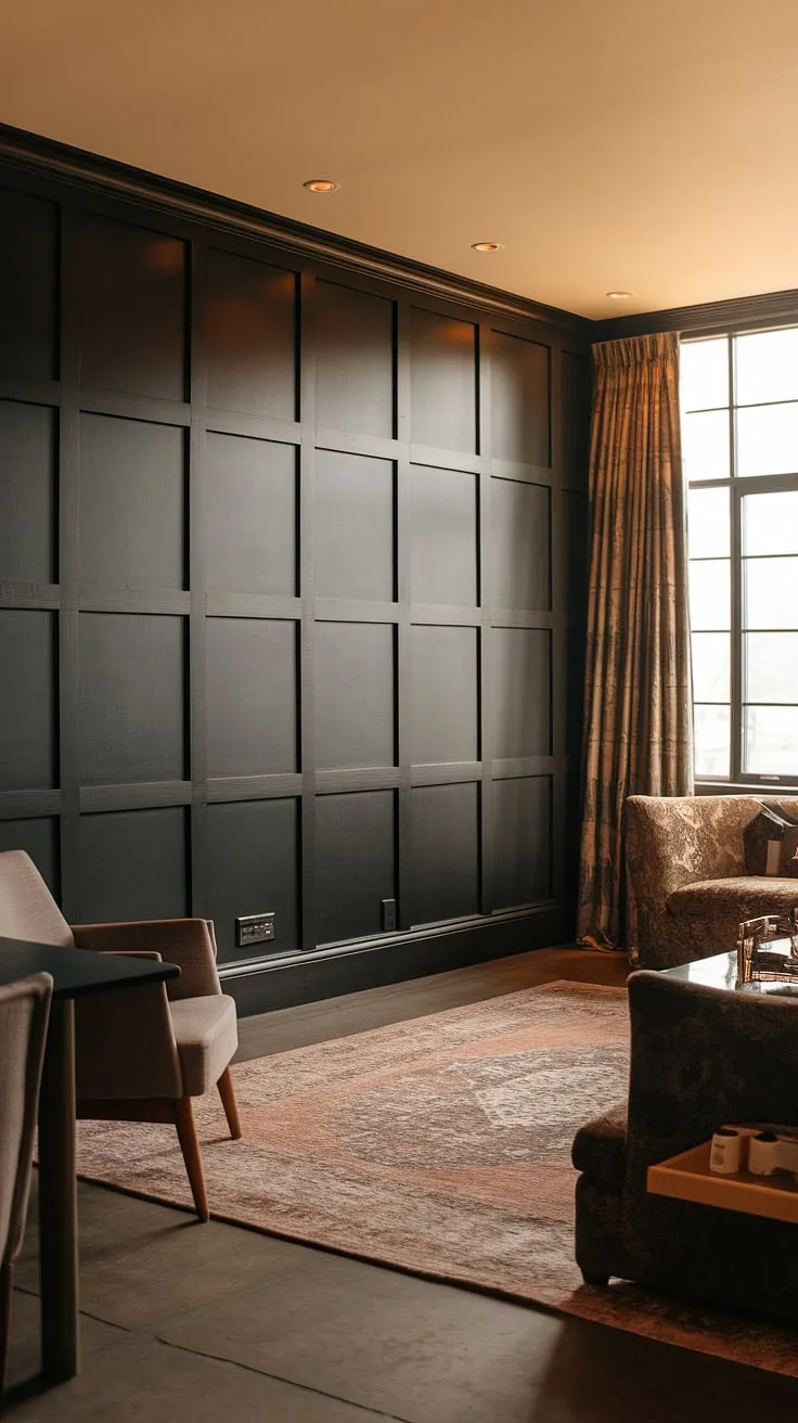Bathed in warm light, this living room showcases stunning dark paneling, extending from floor to ceiling.  The rich, dark paneling creates a dramatic feature wall, offering a sophisticated take on paneling ideas for the living room. This millwork living room is a testament to the elegance of wainscoting wall decor, transforming the space with its depth and texture.  The panel accent wall perfectly complements the existing furniture and window, showcasing the versatility of wall paneling in a living room.