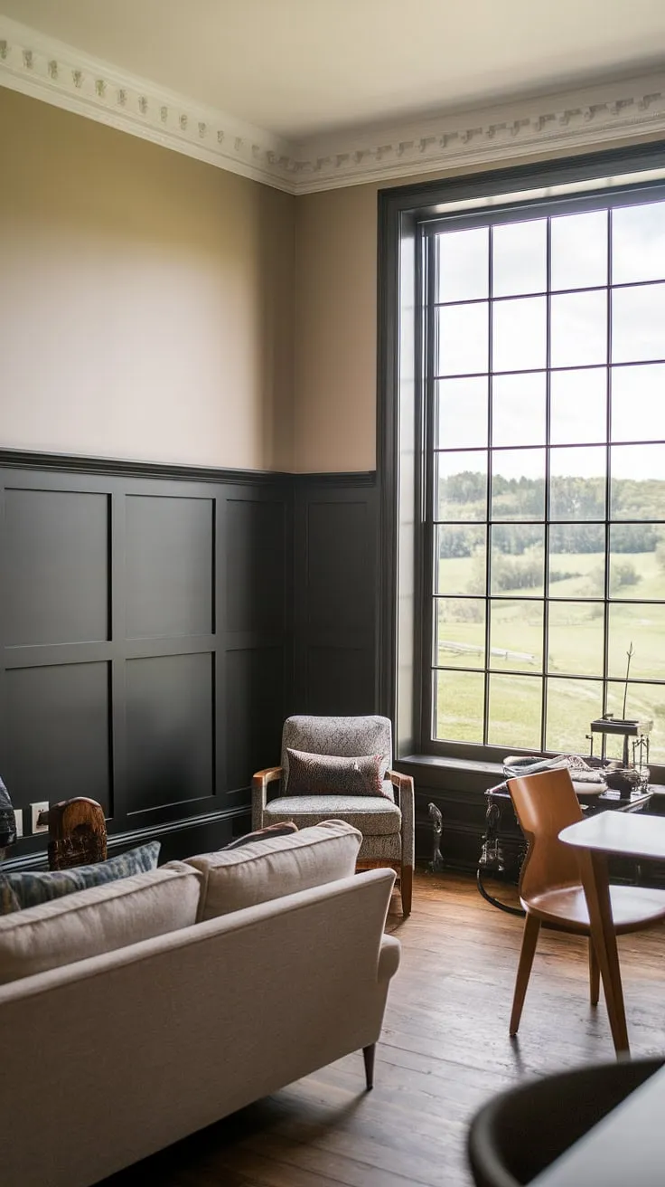 This living room's sophisticated design showcases the beauty of a feature wall paneling living room, with dark paneling living room creating a dramatic contrast against the light wainscoting wall decor.  The rich millwork living room details, combined with the expansive window view, make this space truly inviting.  These paneling ideas living room are perfect for anyone seeking a unique and elegant aesthetic.