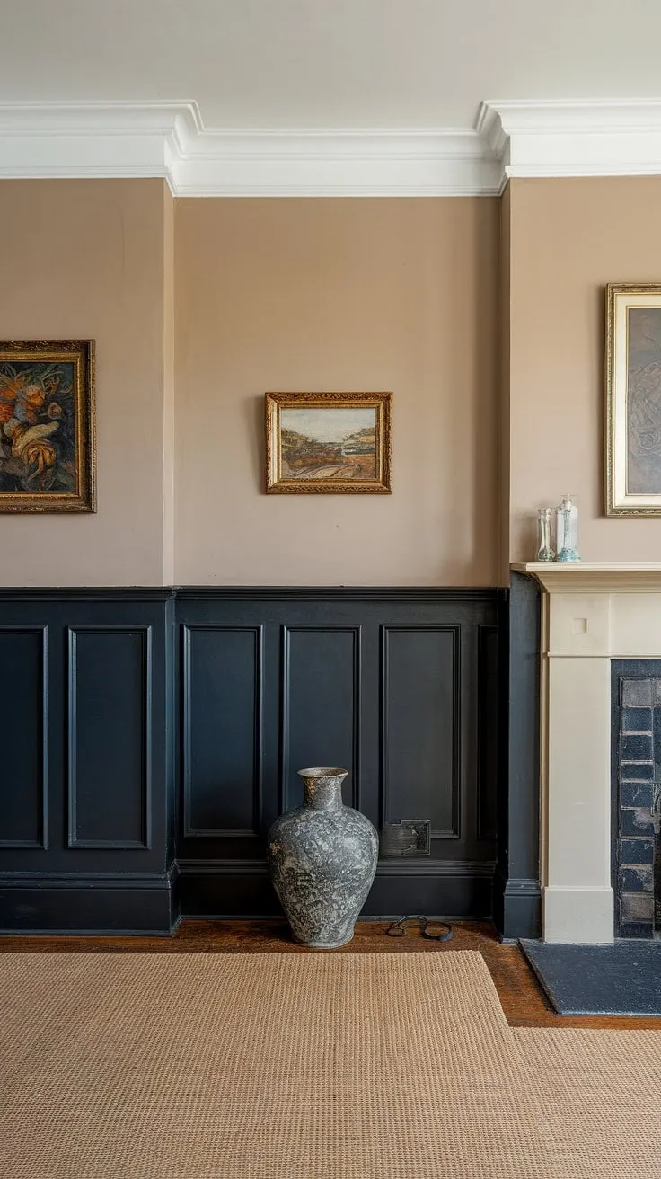 The dramatic effect of this dark paneling living room is undeniable.  The rich, deep tones of the wainscoting create a focal point, beautifully contrasted by the lighter beige above.  This feature wall paneling living room design is a testament to the versatility of paneling ideas living room, showcasing how millwork living room details can elevate a space. The careful placement of artwork and the crisp white mantelpiece complete this stunning example of wall paneling living room style.