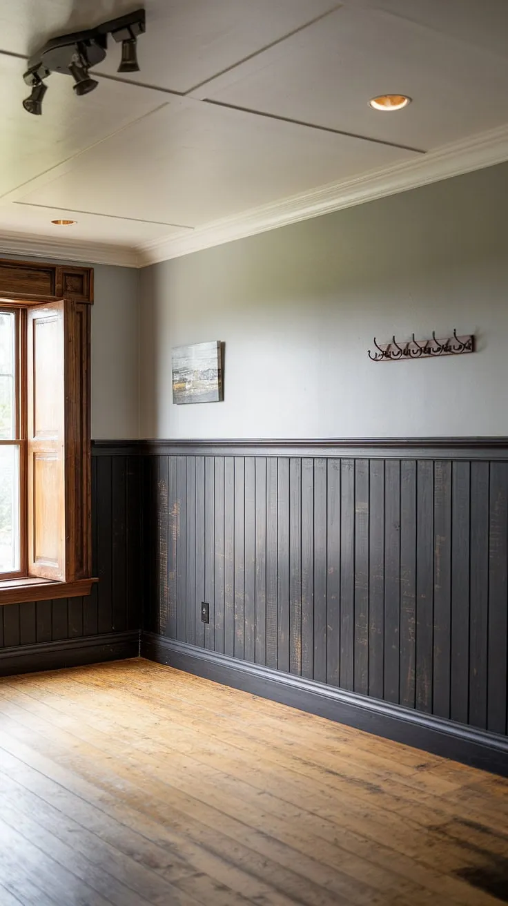 Rich, dark paneling transforms this living room into a haven of style.  The wall paneling living room design, incorporating floor-to-ceiling wainscoting, is a masterclass in feature wall paneling living room ideas.  The distressed texture adds depth and warmth, while the light gray above keeps the space airy.  This is a striking example of dark paneling living room design and showcases the versatility of millwork living room applications.