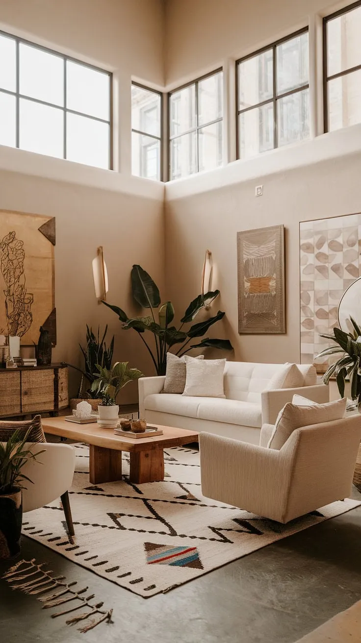 This stunning kitchen living room showcases the best of Spanish style and organic modern design.  The Santa Fe influence is evident in the warm tones and natural materials, creating a welcoming family room with a touch of coastal contemporary flair.  Find your next room design inspiration in this airy, light-filled great room.