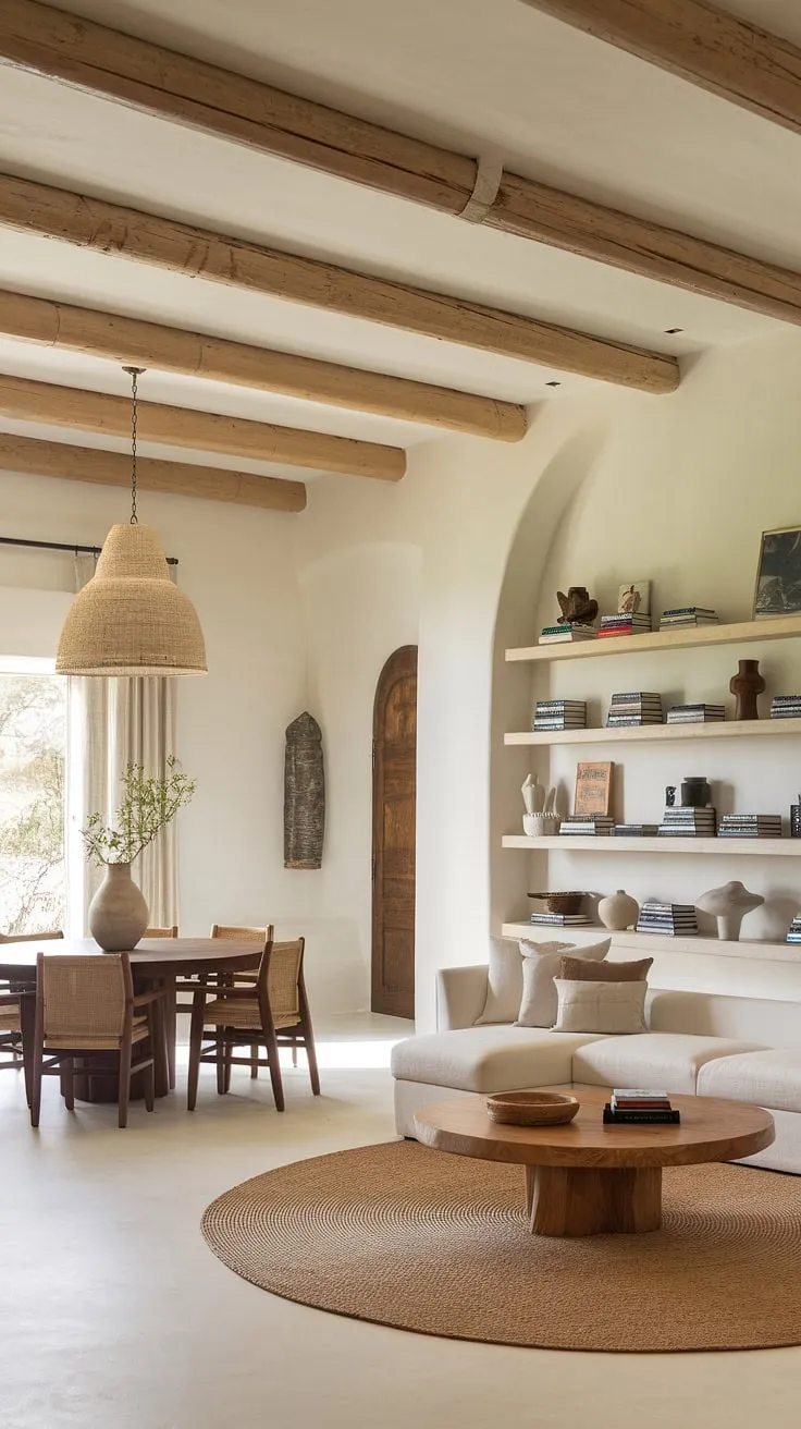 This organic modern living room, blending Spanish modern and Santa Fe style, offers a spacious and inviting family room design.  The high ceilings and exposed wooden beams create a dramatic backdrop for the round dining table, while the white walls and coastal contemporary accents maintain a sense of airy calm.  Perfect room design inspiration for a kitchen living room or great room.