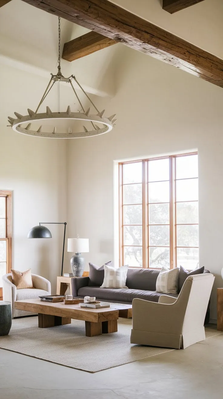 This organic modern living room, with its Santa Fe style influences and high ceilings, effortlessly blends Spanish modern and coastal contemporary elements.  The spacious great room, perfect for family gatherings, showcases a seamless flow between living and kitchen areas, offering abundant room design inspiration.