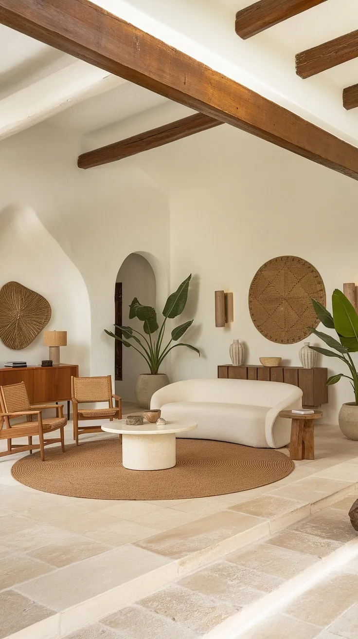 Where Spanish modern meets Santa Fe style: This organic modern living room, or perhaps a spacious kitchen living room, offers a breathtaking blend of textures and light. The high ceilings and wooden beams create a sense of grandeur, while the white sofa, round rug, and wooden accents bring warmth and comfort to this family room, or great room, perfect for gathering.  Room design inspiration at its finest.