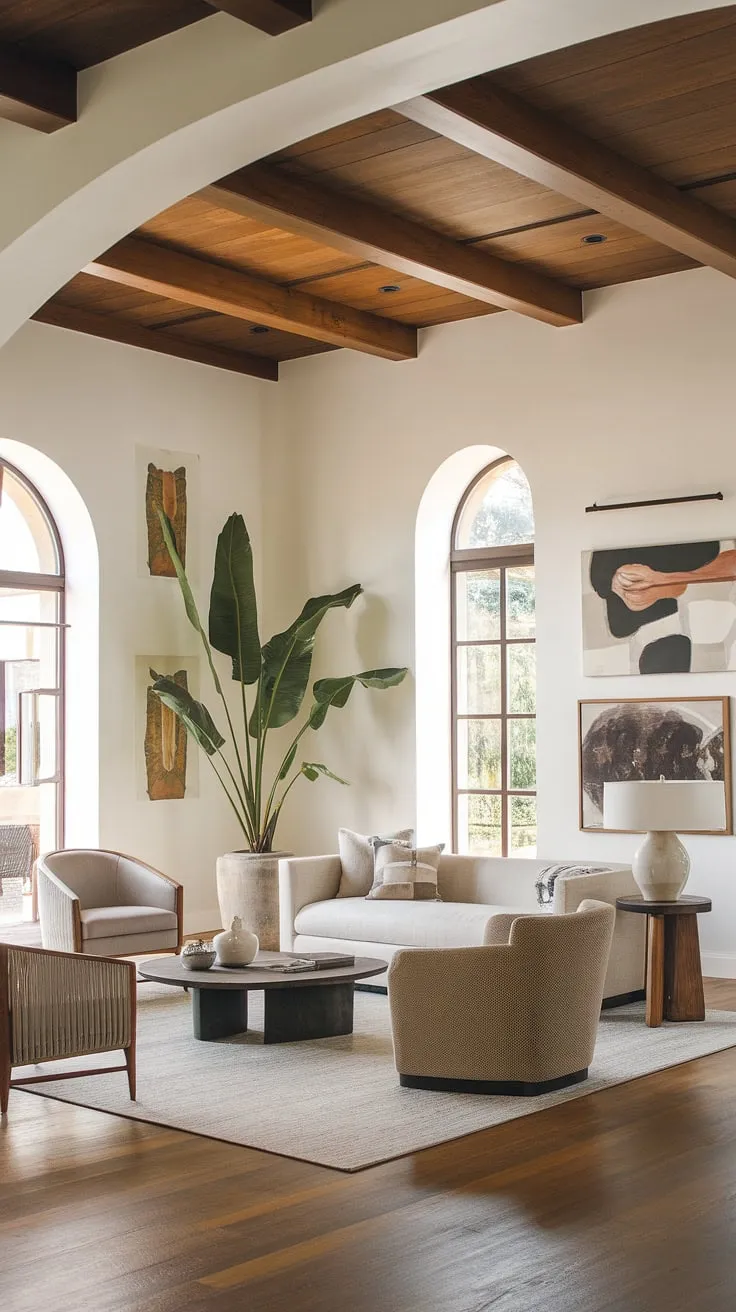 Bathed in natural light, this organic modern living room, or perhaps better described as a spacious family room or even a great room, seamlessly blends Spanish style with coastal contemporary influences.  The Santa Fe style wooden beams and white walls create a bright, airy atmosphere, while the thoughtfully chosen furniture and artwork add a touch of Spanish modern elegance.  This kitchen living room design inspiration showcases the beauty of open-plan living.