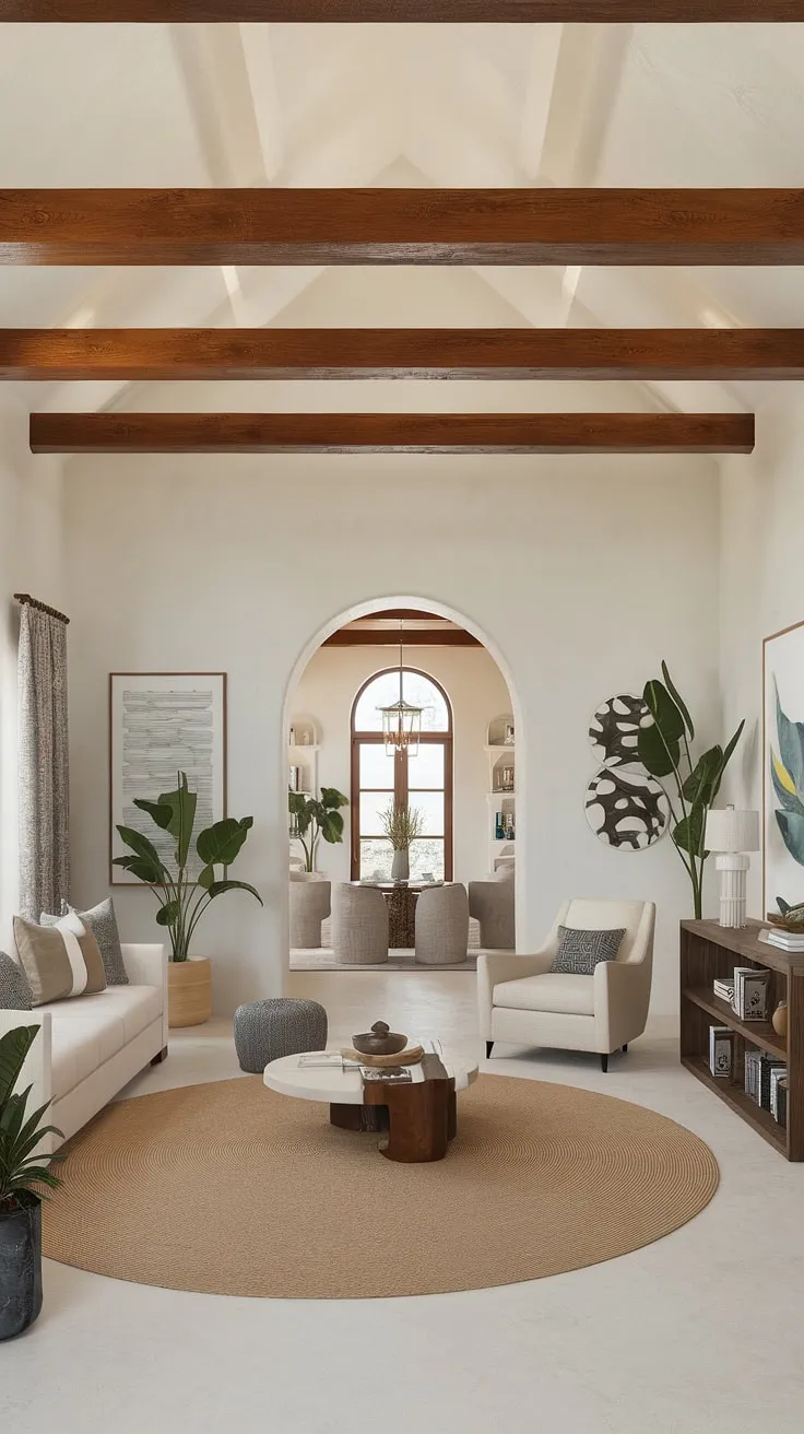 This Spanish style living room is a masterclass in coastal contemporary design.  The Santa Fe influences are subtly woven throughout, creating a warm and inviting family room.  The open layout, featuring a kitchen living room just beyond the archway, makes this organic modern living room ideal for both relaxation and entertaining.  Pure room design inspiration.