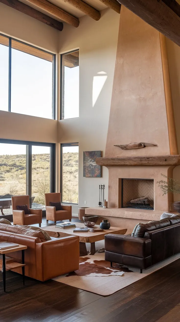 Where organic modern meets Santa Fe style: This expansive great room, seamlessly blending kitchen and living room spaces, offers a breathtaking view and a warm, inviting atmosphere.  The native stone fireplace anchors the space, while the leather and wood furniture, accented by a cowhide rug, creates a sophisticated yet comfortable family room.  This room design inspiration showcases the best of Spanish modern and coastal contemporary influences.