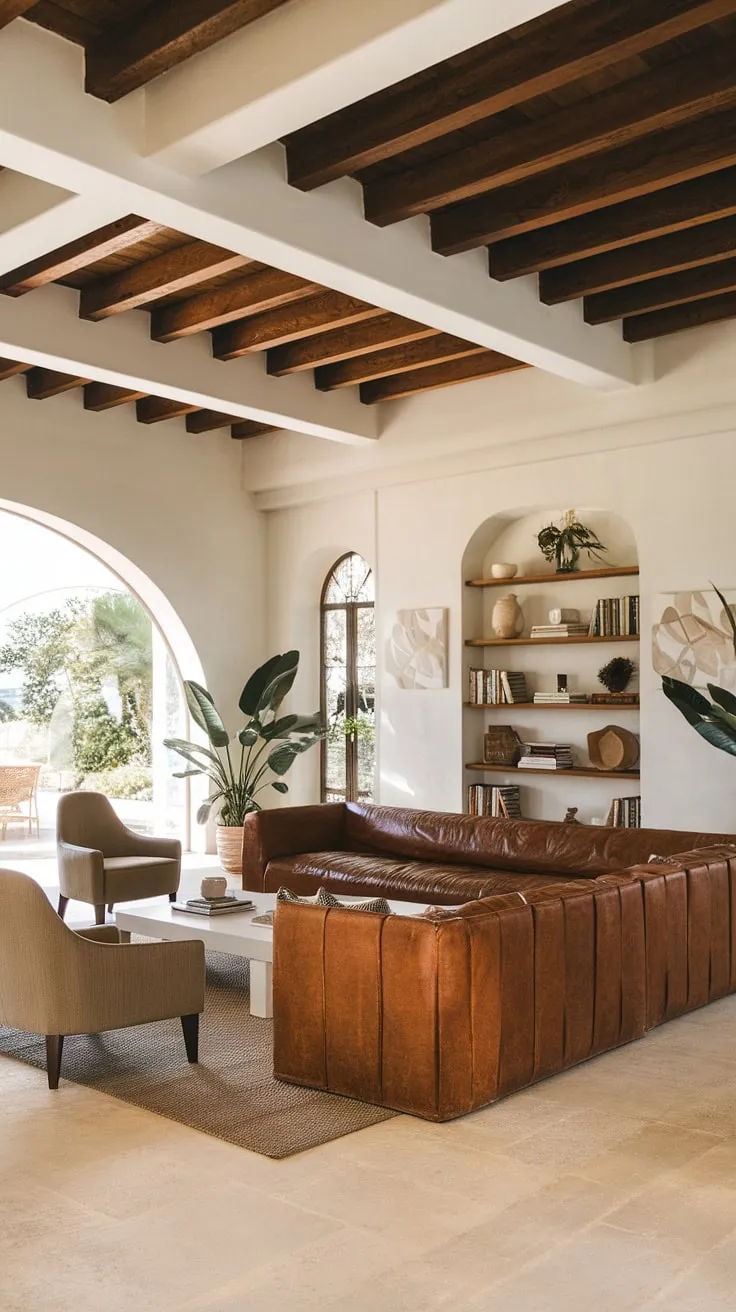 This Spanish modern living room, a stunning example of great room design, effortlessly marries rustic charm with contemporary elegance.  The interplay of natural materials, from the wooden beams to the plush leather sofa, creates a welcoming and inviting atmosphere.  This Santa Fe style-inspired space, perfect for family gatherings, showcases the beauty of organic modern living room design, offering a fresh take on coastal contemporary and room design inspiration.