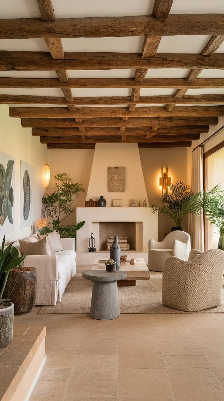 Where Spanish modern meets Santa Fe style, this organic modern living room—or perhaps a spacious kitchen living room—offers a warm embrace.  The rustic wooden beams and white fireplace create a stunning backdrop for family gatherings in this great room, a true testament to room design inspiration.