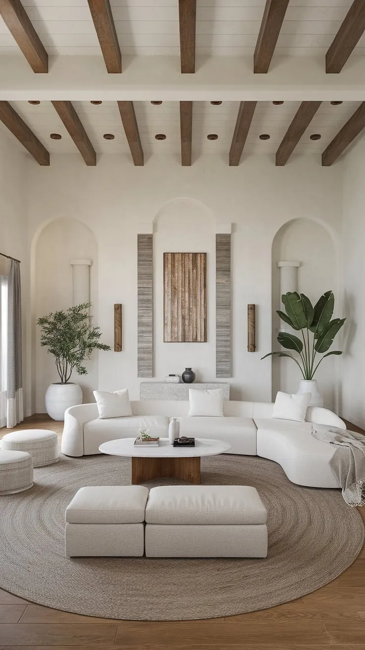 This Spanish style great room is a masterclass in room design inspiration.  The Santa Fe influences are subtly woven into the organic modern living room's design, creating a space that is both sophisticated and inviting. The high ceilings and exposed beams lend a sense of drama, while the white walls and neutral palette keep the space feeling bright and airy.  The comfortable seating arrangement, featuring a large white sofa and a gray ottoman, makes this the perfect family room for relaxation and connection.  A touch of coastal contemporary is added with the natural light and the overall relaxed feel.