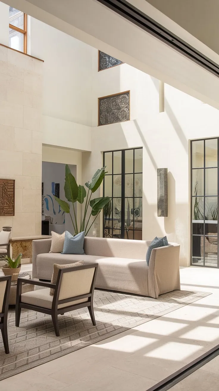 This stunning great room showcases the best of Spanish style and coastal contemporary design.  The beige palette, dark wood accents, and geometric rug create a sophisticated yet inviting atmosphere in this spacious organic modern living room.  A perfect example of room design inspiration, blending comfort and elegance for the ultimate family room.