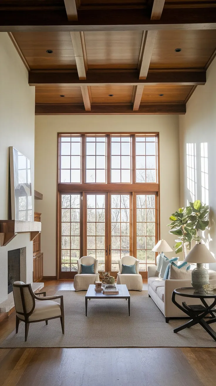 Bathed in sunlight, this organic modern living room seamlessly blends Spanish modern and Santa Fe style.  The high ceilings, exposed wooden beams, and expansive windows create a spacious and inviting great room, perfect for family gatherings.  The room design inspiration is evident in the thoughtful blend of textures and the effortless flow between the living room and what appears to be a kitchen living room area.  A touch of coastal contemporary is added through the light and airy feel.