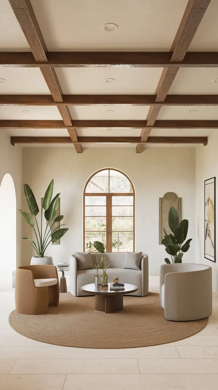 Where Spanish Modern meets Santa Fe style, this organic modern living room effortlessly blends comfort and sophistication.  The high ceilings and exposed wooden beams create a sense of spaciousness, while the thoughtfully placed furniture and pops of greenery invite relaxation.  This great room, perfect for family gatherings, offers a taste of coastal contemporary design with its airy feel and natural textures.  A true room design inspiration.