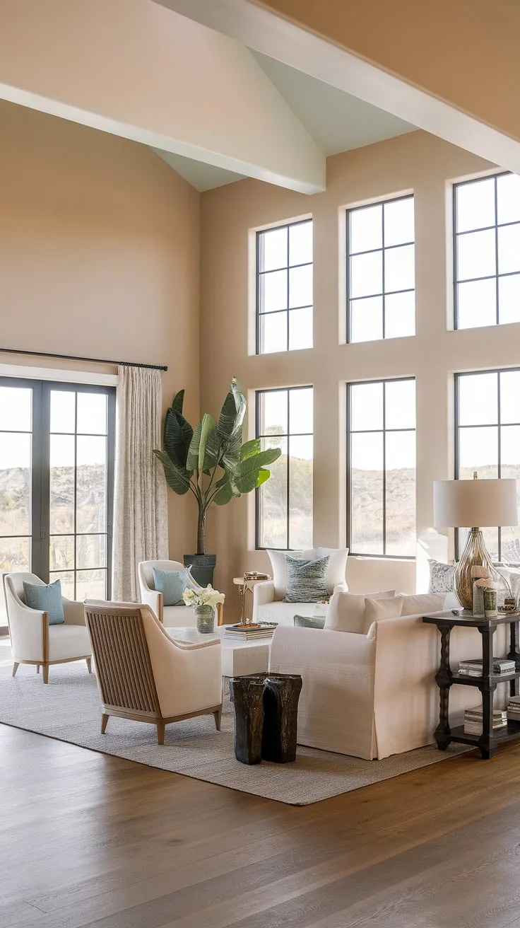Where Santa Fe style meets coastal contemporary, this organic modern living room—or perhaps a spacious kitchen living room—offers a relaxed elegance.  The high ceilings and abundant natural light create a bright and airy family room, or even a grand great room, perfect for gathering.  This room design inspiration seamlessly blends Spanish modern and Spanish style elements for a truly unique and inviting space.