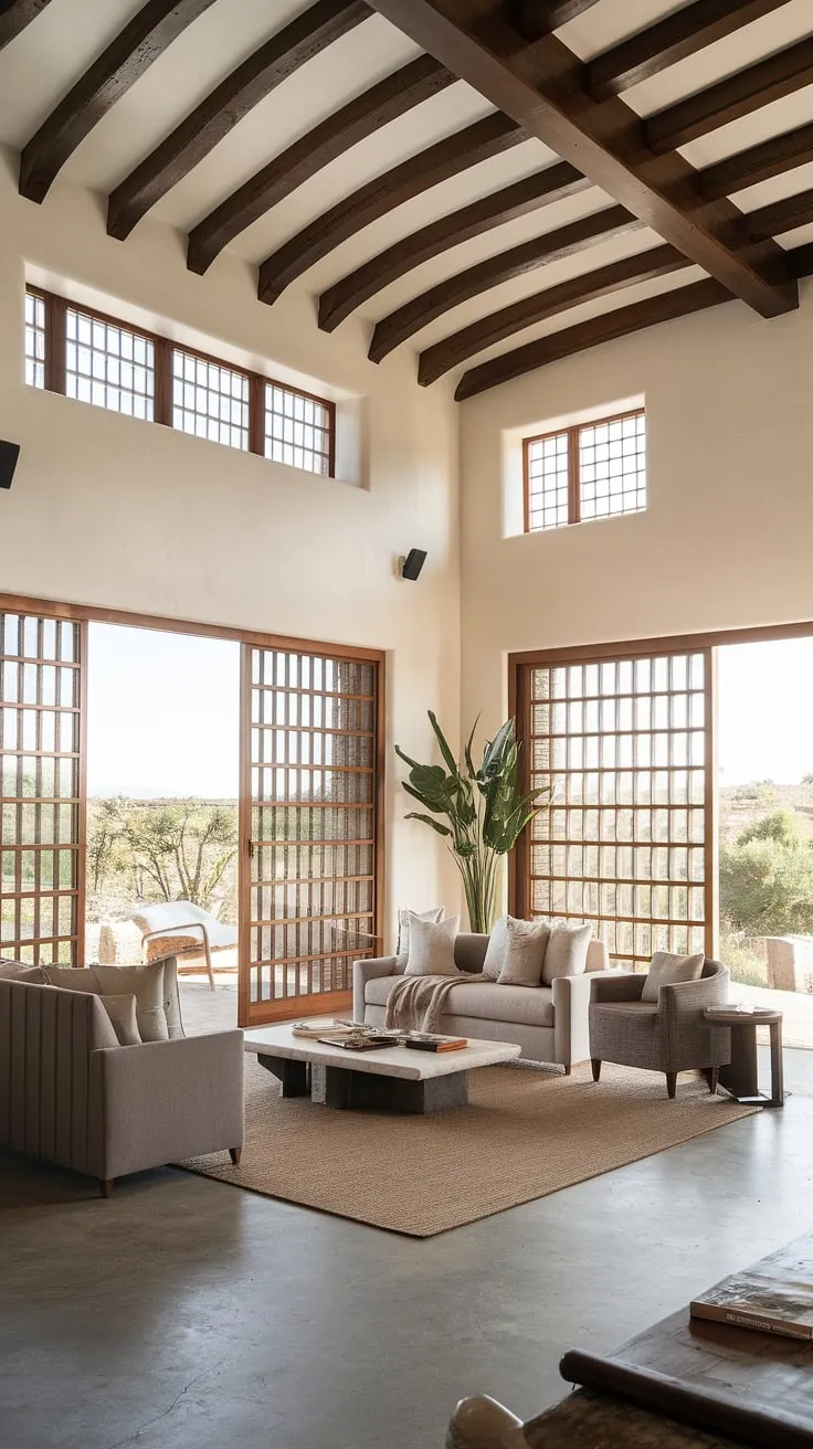 Where Spanish modern meets Santa Fe style, this organic modern living room—or perhaps a spacious kitchen living room—offers a breathtaking blend of indoor and outdoor living.  High ceilings, exposed wooden beams, and large windows with wooden bars frame stunning views, creating a family room, or great room, brimming with room design inspiration and coastal contemporary charm.