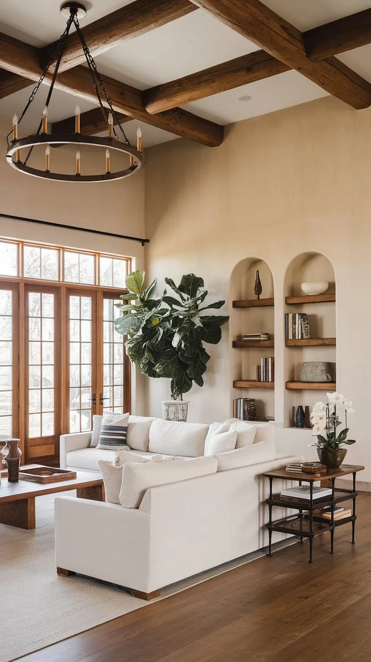 This organic modern living room, with its Santa Fe style and Spanish modern influences, seamlessly blends rustic charm and contemporary comfort.  The high ceilings, wooden beams, and built-in bookshelf create a warm and inviting atmosphere perfect for family gatherings in this spacious great room.  The design offers room design inspiration for those seeking a unique blend of coastal contemporary and Spanish style.