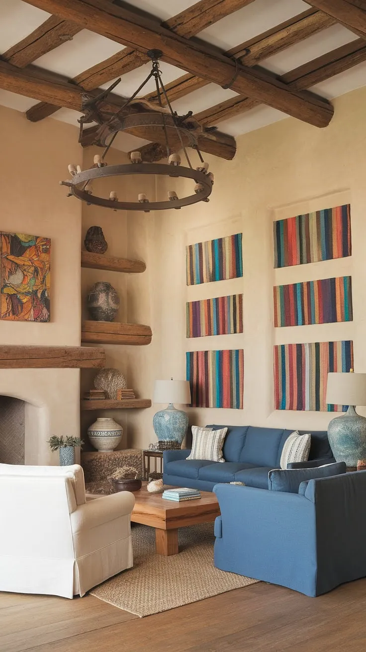 Find your sanctuary in this stunning family room.  The Spanish style architecture, highlighted by exposed wooden beams and a rustic chandelier, creates a warm and inviting atmosphere.  This Santa Fe style living room, with its blend of Spanish modern and coastal contemporary elements, offers a unique and sophisticated room design inspiration. The open layout effortlessly connects the kitchen and living areas, making it the perfect heart of the home.