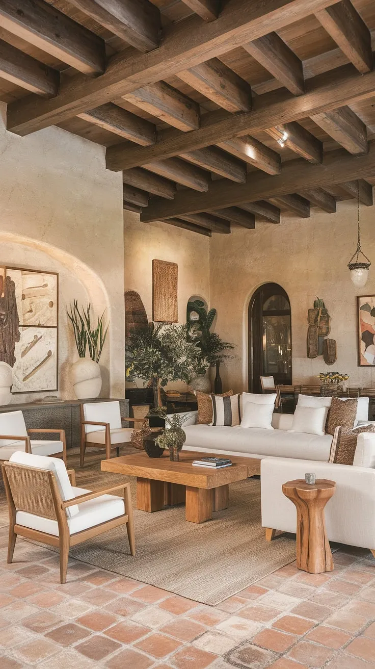Bathed in natural light, this kitchen living room showcases a stunning blend of Spanish style and coastal contemporary elements. The textured walls, white sofa, and wooden coffee table contribute to the overall feeling of relaxed elegance in this spacious family room.  A true example of Spanish modern design.