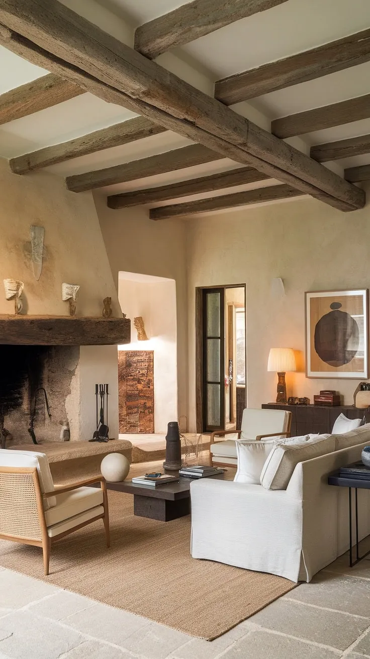 This organic modern living room, blending Spanish modern and Santa Fe style, offers a warm and inviting atmosphere perfect for family gatherings.  The rustic fireplace, weathered beams, and stone floor create a captivating contrast with the comfortable seating and stylish artwork, making it the ultimate great room and a prime example of room design inspiration.  The open layout hints at a possible kitchen living room connection, while the overall aesthetic subtly touches on coastal contemporary elements.