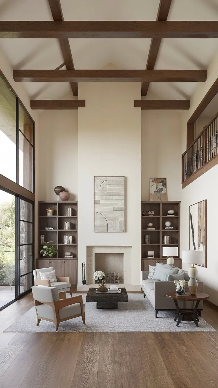 Where Spanish modern meets Santa Fe style: This organic modern living room, with its high ceilings, exposed beams, and abundant natural light, seamlessly blends the warmth of a family room with the sophistication of a great room.  The open layout, hinting at a kitchen living room design, offers endless room design inspiration for a coastal contemporary aesthetic.