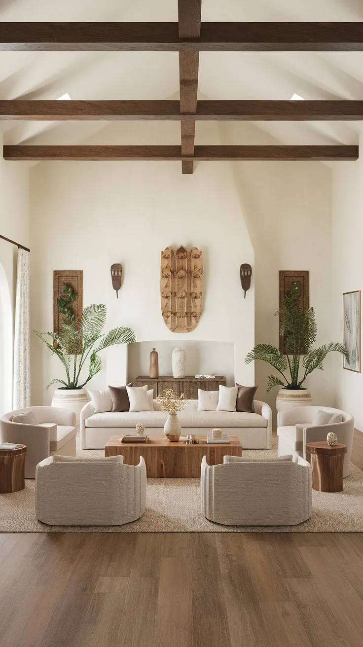 Find your sanctuary in this stunning Spanish style great room.  The seamless blend of Spanish modern architecture and Santa Fe influences creates a truly unique organic modern living room.  Natural light floods the space, highlighting the rich textures and warm tones, making it the perfect family room for relaxation and connection. This room design inspiration effortlessly combines coastal contemporary elements with traditional charm.