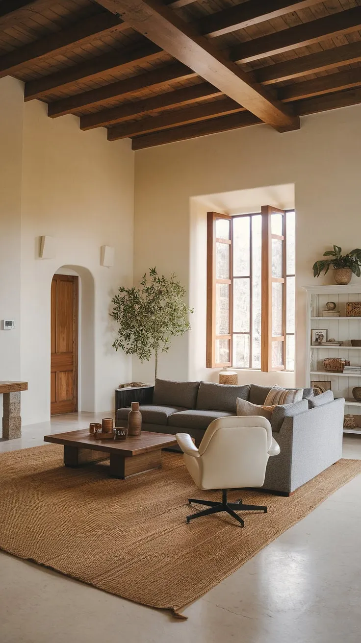 This Spanish style family room showcases the beauty of a well-designed living room.  The warm, inviting space effortlessly combines Spanish modern elements with coastal contemporary touches, creating a sophisticated yet relaxed ambiance.  The high ceilings and exposed beams, characteristic of Santa Fe style, add architectural interest to this organic modern living room, making it the perfect place to unwind and connect.  A true room design inspiration.