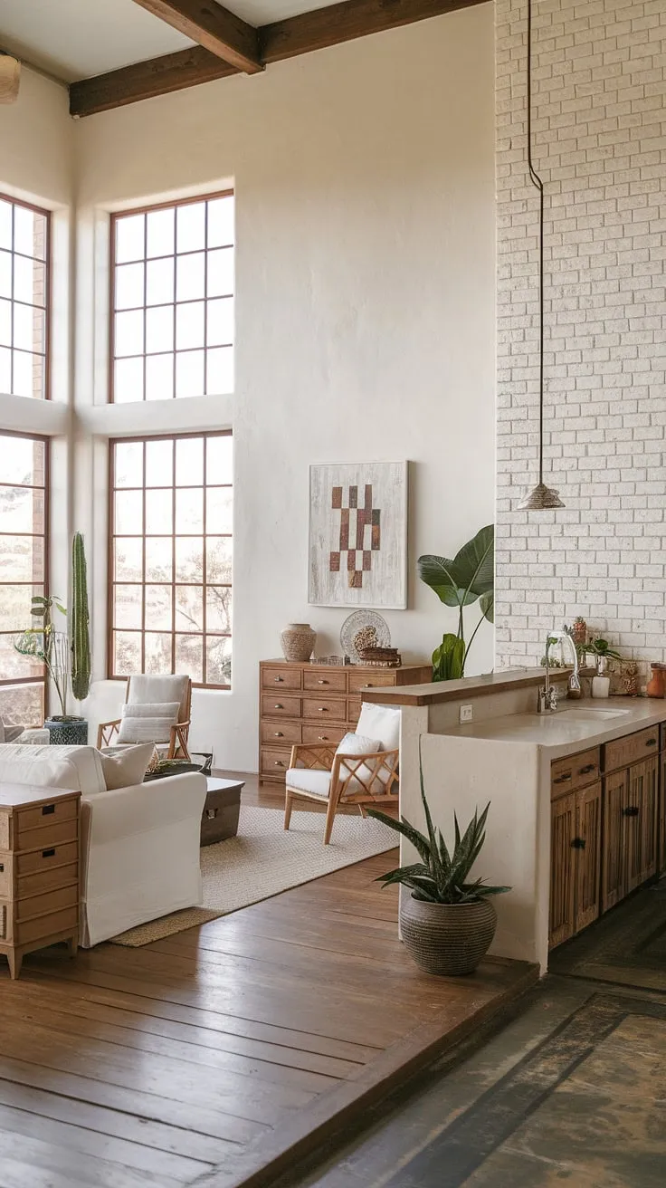Bathed in natural light, this Santa Fe style great room seamlessly blends kitchen and living room, creating an organic modern living room perfect for family gatherings.  The Spanish modern design elements, from the textured walls to the wooden cabinetry, offer room design inspiration for a sophisticated yet comfortable space.  A touch of coastal contemporary is added with the airy feel and natural materials.
