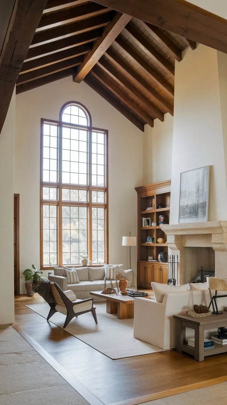 This stunning Spanish modern living room is the epitome of relaxed elegance.  The interplay of wood and stone, the expansive window framing breathtaking views, and the thoughtful furniture arrangement create a truly captivating family room.  This kitchen living room's design offers a fresh take on Santa Fe style, providing ample room design inspiration for those seeking a coastal contemporary or organic modern living room aesthetic.