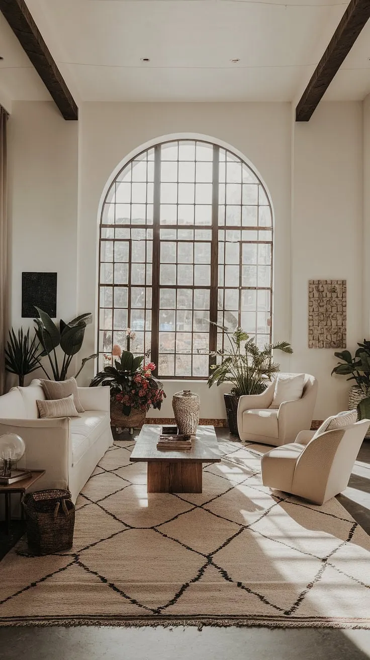 Bathed in sunlight, this organic modern living room, with its Spanish Modern influences and Santa Fe style touches, seamlessly blends indoor and outdoor living. The high ceilings and arched window create a sense of airy spaciousness, perfect for family gatherings in this great room.  The room design inspiration is evident in every detail, from the geometric rug to the carefully chosen plants.  It's a space that effortlessly marries coastal contemporary elements with the warmth of a traditional Spanish style kitchen living room.