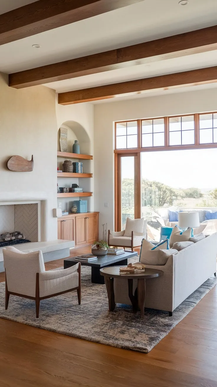 Where Santa Fe style meets coastal contemporary, this organic modern living room—or perhaps a spacious kitchen living room—offers a relaxed elegance.  The family room's design, with its built-in bookshelf flanking the fireplace, provides ample room design inspiration for a truly unique great room.  Spanish modern elements blend seamlessly with the airy feel, creating a haven of comfort and style.