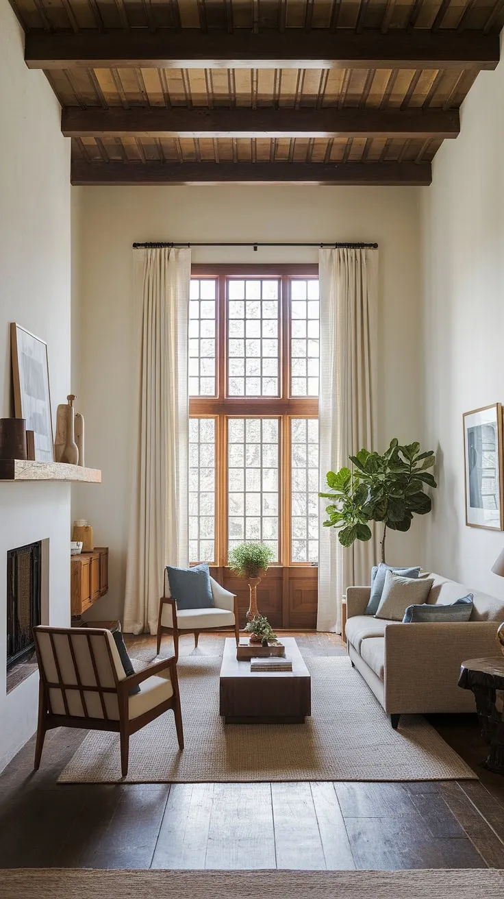 Bathed in sunlight, this organic modern living room seamlessly blends Spanish modern and Santa Fe style.  The high ceilings, exposed wooden beams, and cozy fireplace create a warm and inviting family room, perfect for both intimate gatherings and large family celebrations.  The open layout hints at a possible kitchen living room connection, offering effortless flow and room design inspiration for a coastal contemporary feel.
