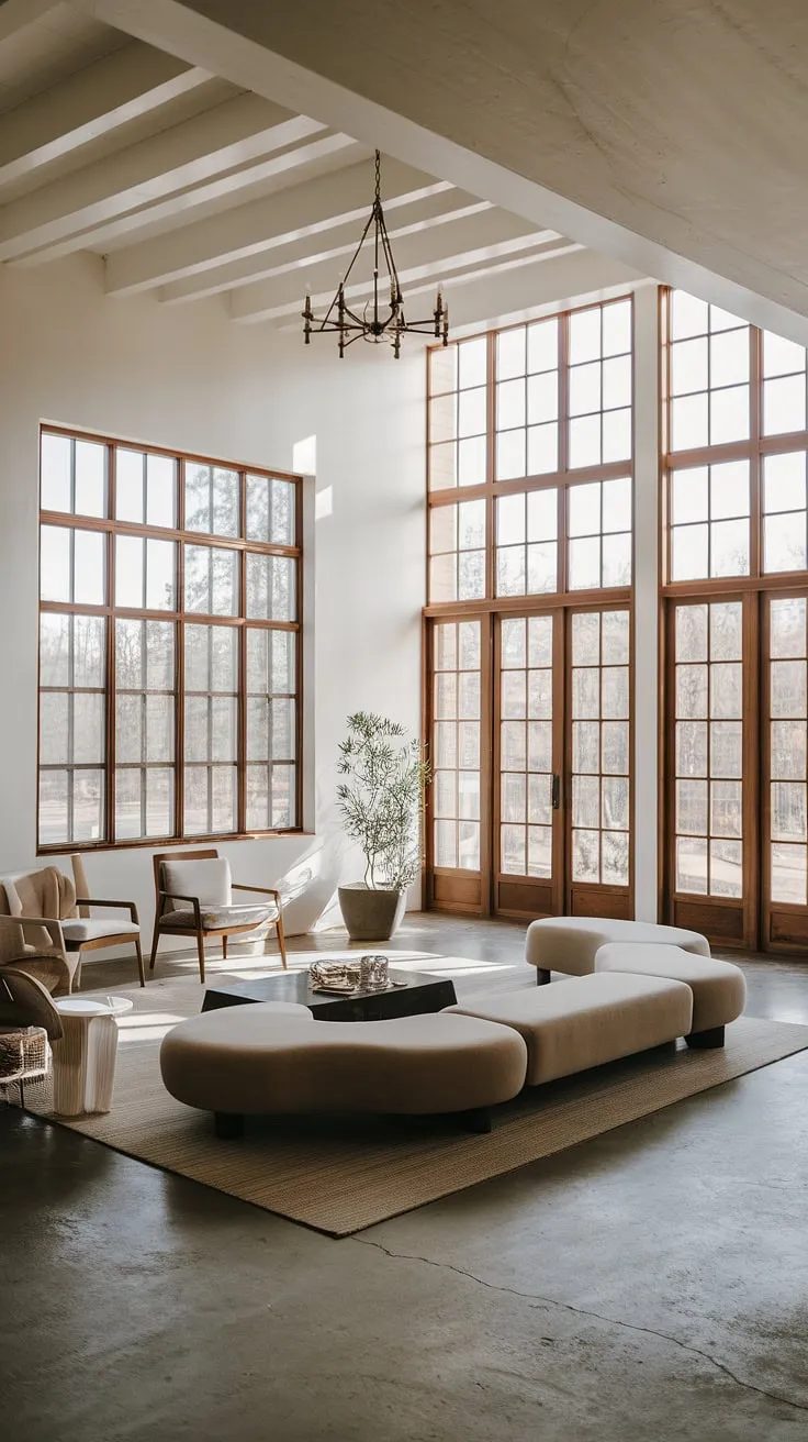 Bathed in natural light, this Spanish Modern living room seamlessly blends organic modern design with Santa Fe style influences. The high ceilings and concrete floors create a spacious, airy feel, perfect for both intimate family gatherings and grand celebrations.  The open layout, hinting at a kitchen living room connection, offers effortless flow and room design inspiration for a coastal contemporary aesthetic.