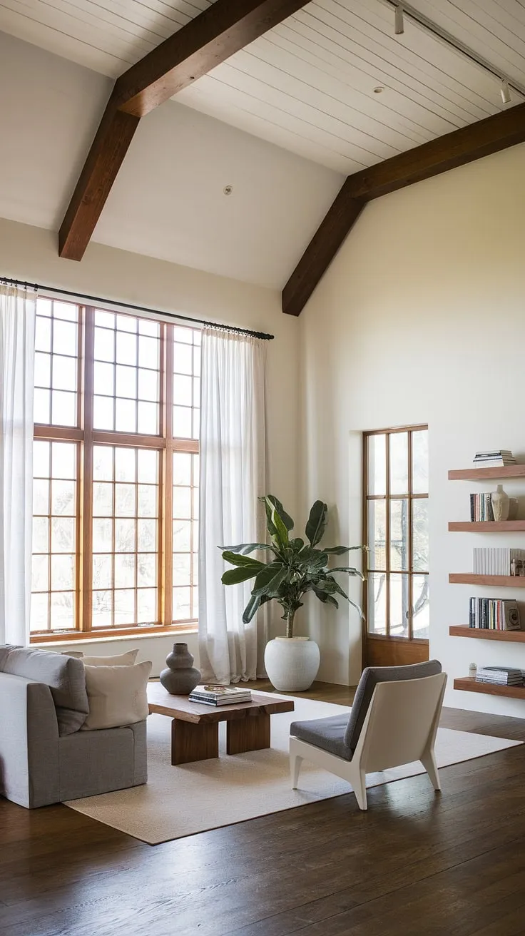 This Spanish style great room effortlessly marries organic modern elements with coastal contemporary design.  The warm wood tones, white walls, and ample natural light create a welcoming family room atmosphere.  This kitchen living room showcases the best of Santa Fe style, offering a sophisticated yet relaxed space – the ultimate room design inspiration.