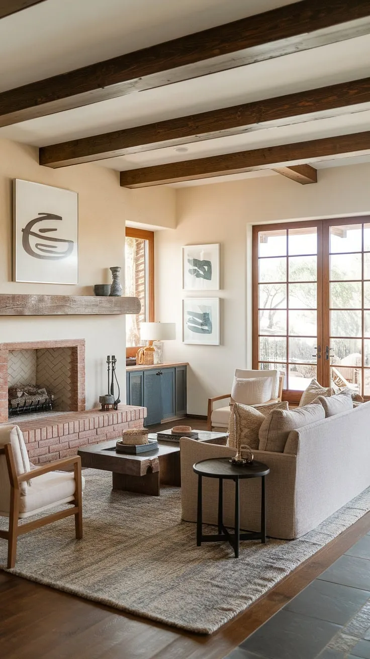 Where Santa Fe style meets coastal contemporary, this organic modern living room—or perhaps a kitchen living room, depending on your perspective—offers a relaxed elegance.  The Spanish modern fireplace and the warm wood beams create a family room atmosphere brimming with room design inspiration.  The Spanish style is subtly woven throughout, making this great room a haven of comfort and style.
