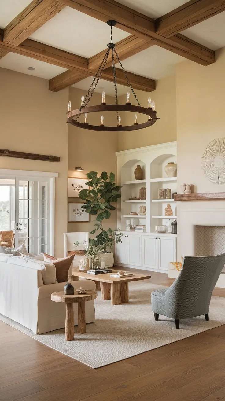 Bathed in natural light, this spacious living room embodies the spirit of Santa Fe style.  The high ceilings and exposed wooden beams create a dramatic backdrop for the comfortable seating arrangement, while the white fireplace and shelves add a touch of coastal contemporary elegance.  This Spanish modern design, perfect for a family room or even a kitchen living room combination, offers a wealth of room design inspiration. The organic modern living room's blend of rustic and refined elements makes it a truly inviting great room.