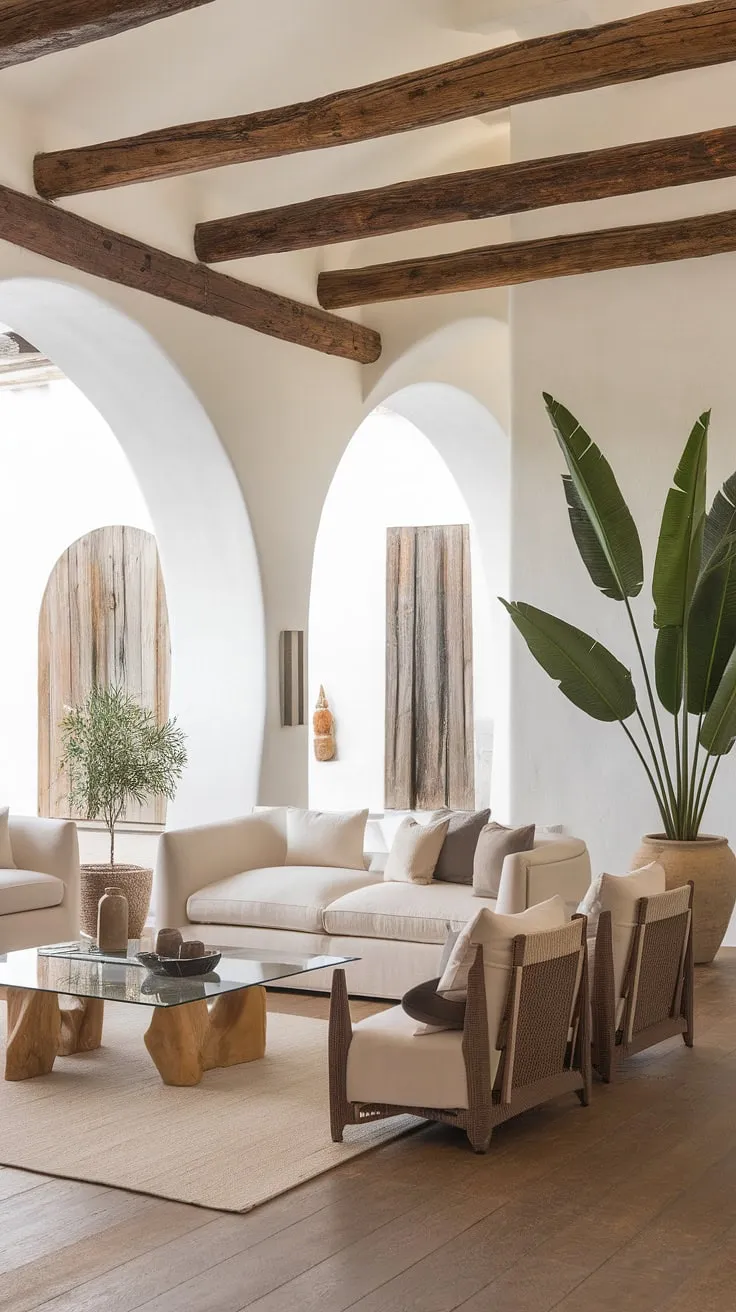 This stunning Spanish style living room, with its Santa Fe influences, is the epitome of organic modern design.  The high ceilings and rustic wooden beams create a warm and inviting atmosphere, while the beige sofa and wood and glass coffee table add a touch of coastal contemporary elegance.  Consider this room design inspiration for your own family room or great room.