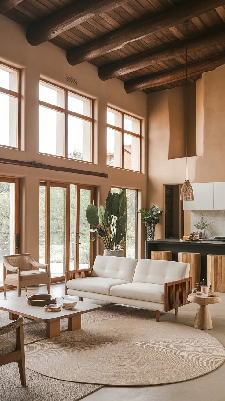 This organic modern living room showcases the best of Spanish Modern design.  The high ceilings and large windows flood this kitchen living room with light, highlighting the warm adobe walls and rich wood tones.  A perfect example of Santa Fe style, this space offers a relaxed yet sophisticated atmosphere, inspiring a coastal contemporary feel.