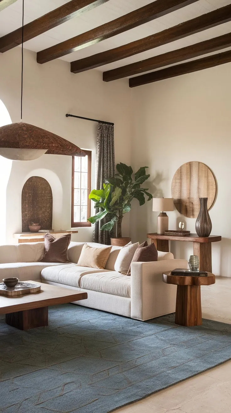 This stunning kitchen living room exemplifies the beauty of Spanish style, infused with Santa Fe's earthy charm.  The spacious layout, enhanced by the high ceilings and wooden beams, creates a welcoming family room.  The organic modern living room design is effortlessly chic, with a neutral palette punctuated by pops of color and texture.  This room design inspiration perfectly balances comfort and style, offering a glimpse into the possibilities of Spanish modern and coastal contemporary aesthetics.
