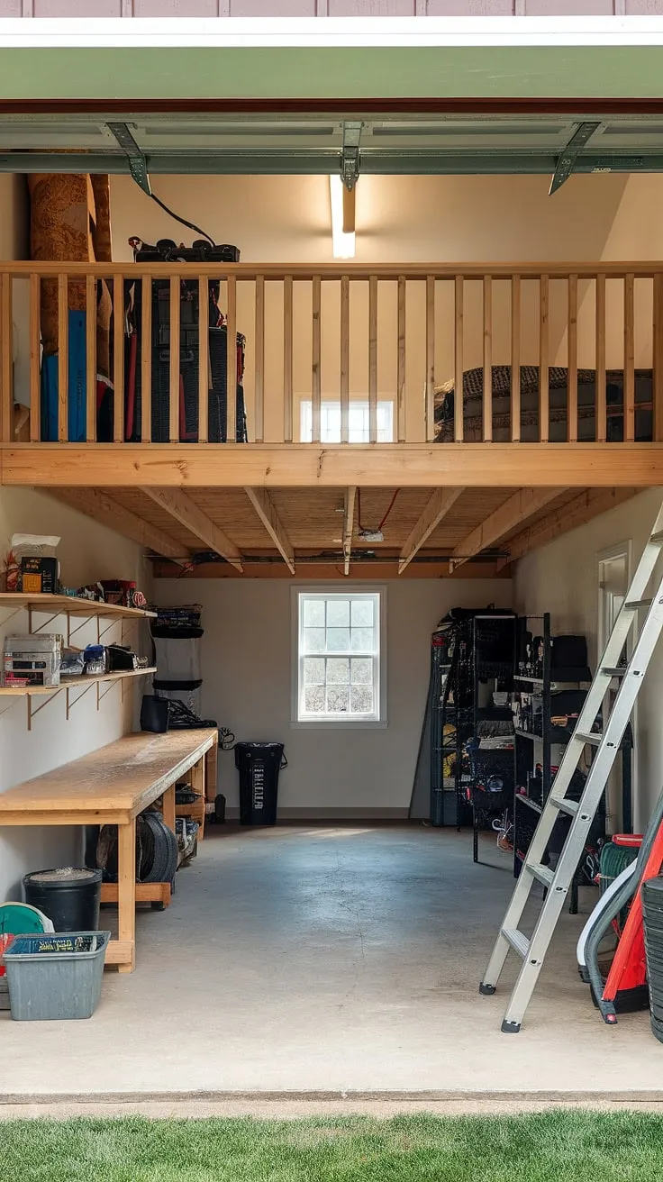 This loft garage interior is the epitome of barndominium garage ideas. The upstairs garage ideas are brilliantly executed, creating a spacious garage shop loft with a comfortable lounge garage feel. The concrete floor, workbench, and organized shelving provide ample space for tools and equipment, while the loft area offers extra garage ideas for a rec room or even RV storage. This barndominium garage loft is a testament to the potential of a well-designed loft garage.