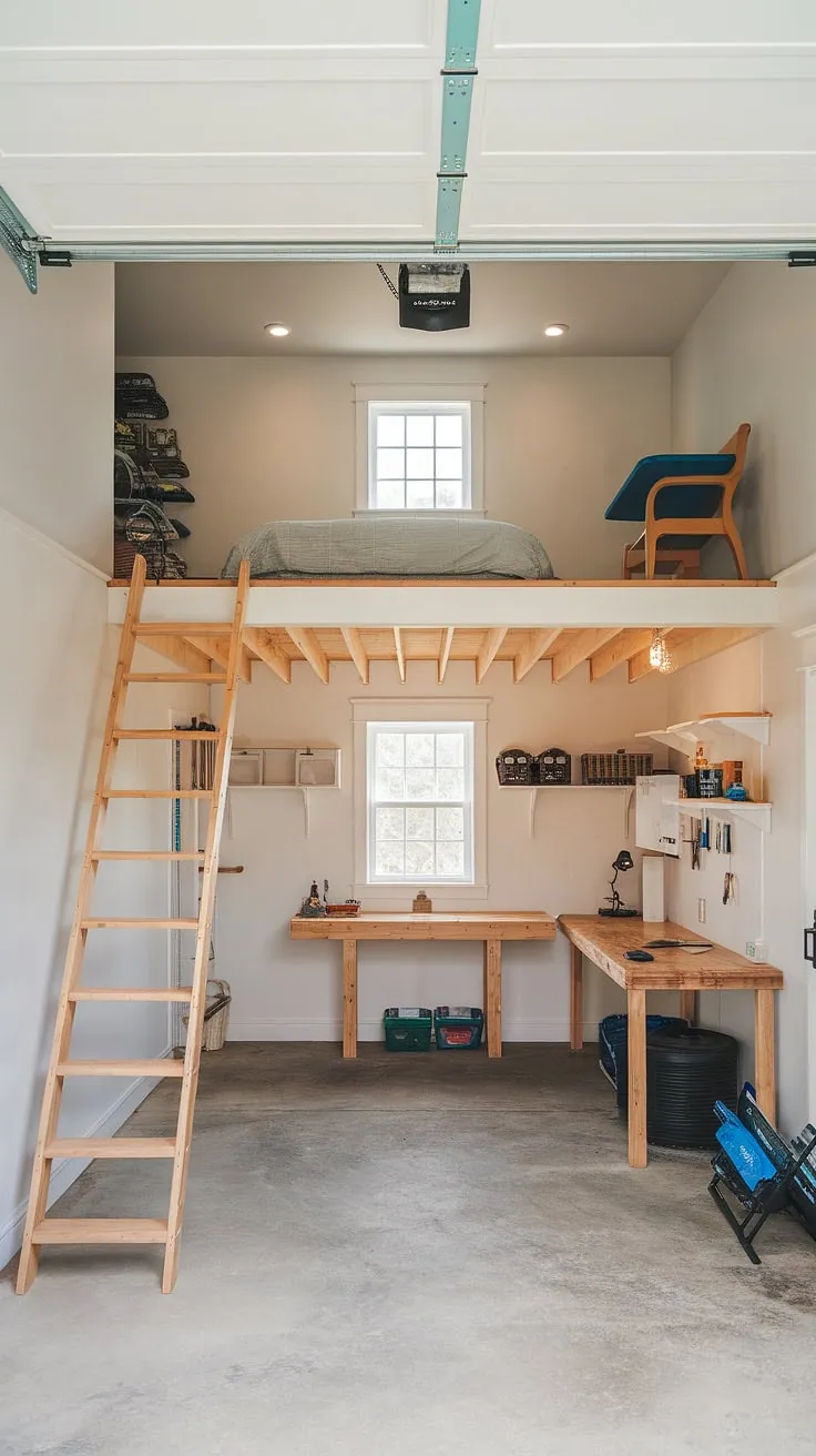This loft garage is a stunning example of barndominium garage ideas, seamlessly merging workshop and living space. The upstairs garage ideas are brilliantly implemented, with a charming sleeping loft accessible via a rustic wooden ladder. The garage shop loft below is organized and functional, featuring a workbench and shelving. This versatile space could easily serve as a garage rec room, a guest suite, or even an rv garage loft. The design showcases extra garage ideas for maximizing space and creating a unique lounge garage. The bright, airy garage loft interior, with its concrete floor and white walls, is both practical and inviting.