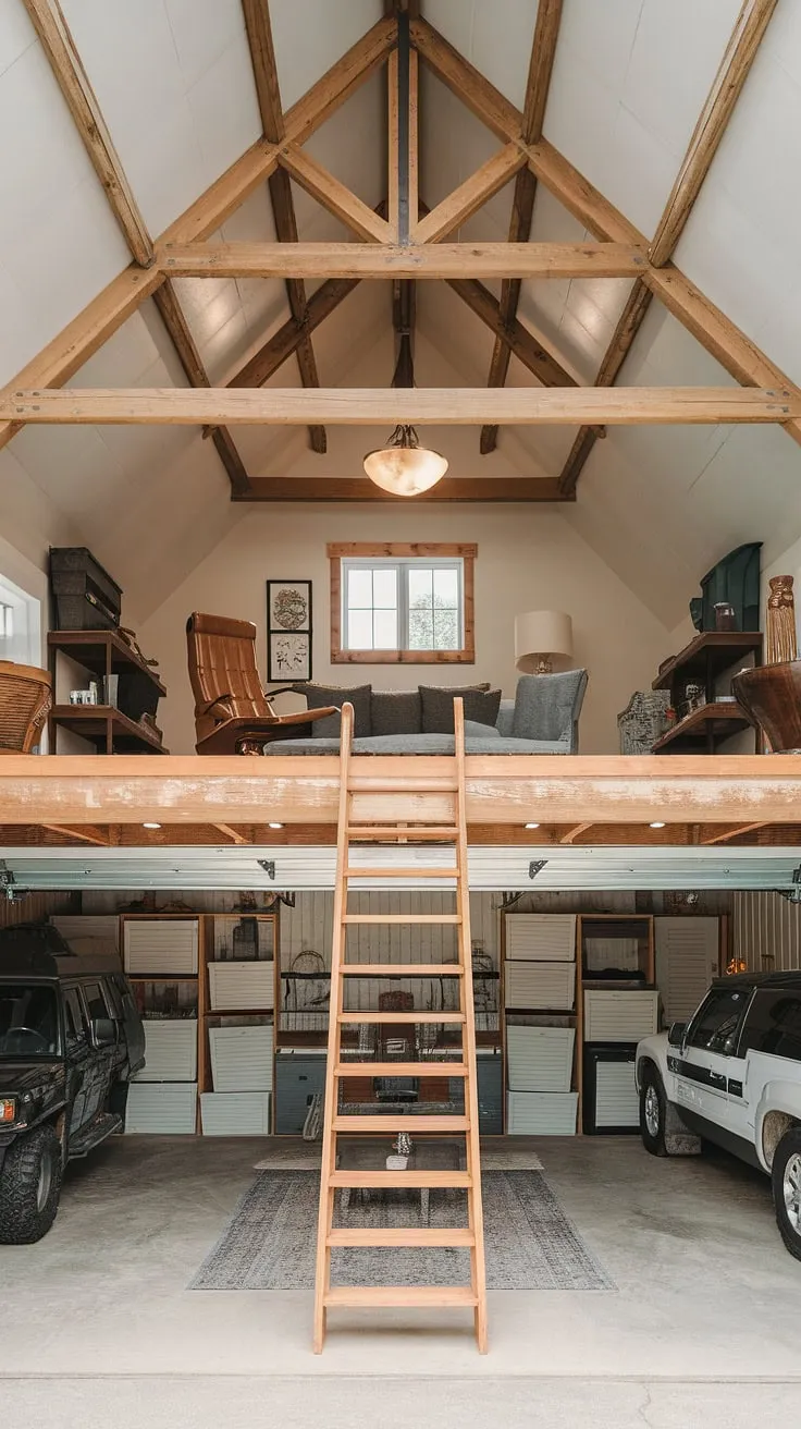 Rustic wooden beams and a charming wooden ladder define this barndominium garage loft, a stunning example of upstairs garage ideas. The loft garage provides a comfortable lounge garage and garage rec room, complete with seating and a cozy rug. Below, the garage shop loft houses vehicles and storage, showcasing clever extra garage ideas. This loft garage interior is a testament to the versatility of barndominium garage ideas, even offering the potential for an rv garage loft conversion. The space perfectly balances functionality and comfort.